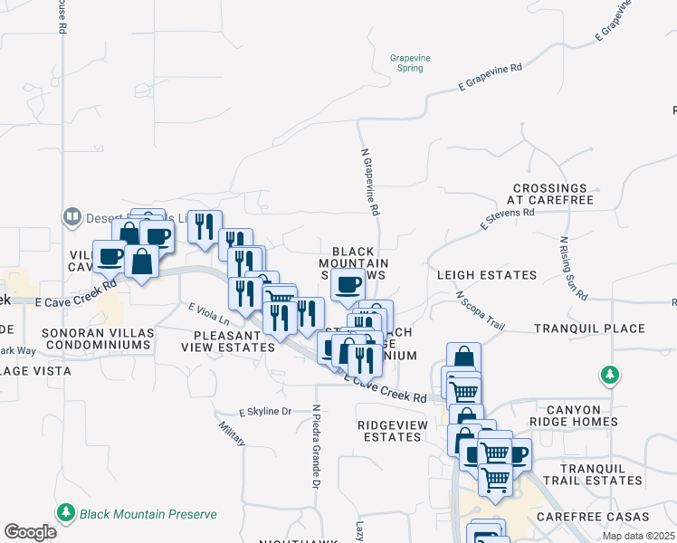 map of restaurants, bars, coffee shops, grocery stores, and more near 6940 East Horizon Drive in Cave Creek