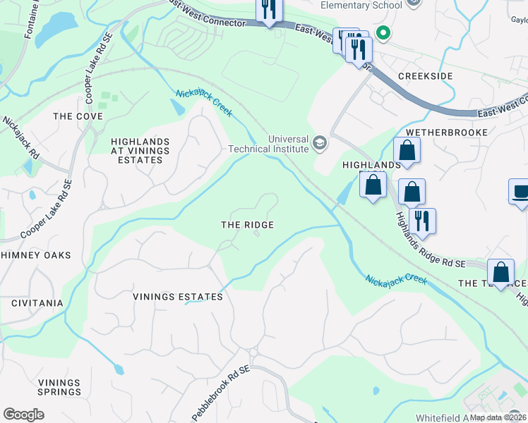 map of restaurants, bars, coffee shops, grocery stores, and more near 572 Vinings Estates Drive Southeast in Mableton