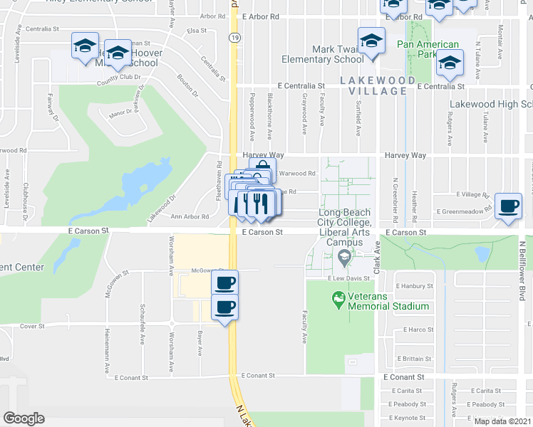 map of restaurants, bars, coffee shops, grocery stores, and more near 4420 East Greenmeadow Road in Long Beach