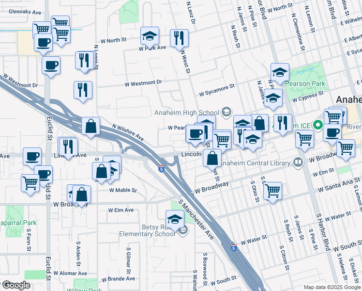 map of restaurants, bars, coffee shops, grocery stores, and more near 1214 West Diamond Street in Anaheim