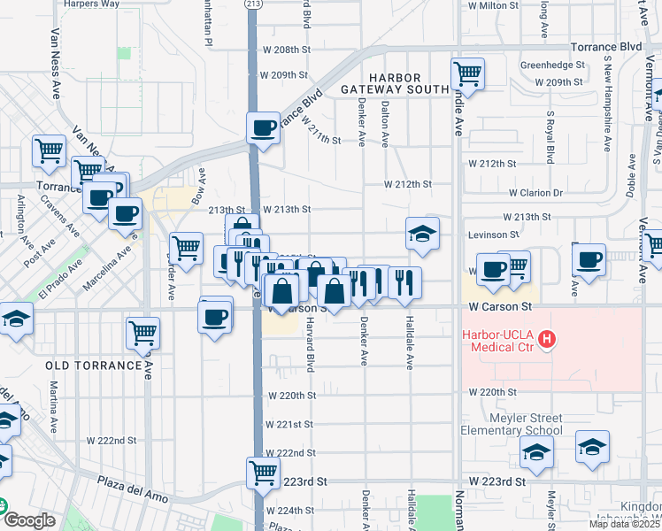 map of restaurants, bars, coffee shops, grocery stores, and more near 1544 West 215th Street in Torrance