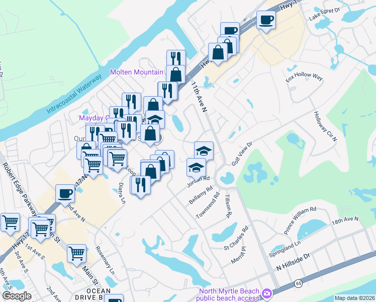 map of restaurants, bars, coffee shops, grocery stores, and more near 904 Sand Dollar Court in North Myrtle Beach