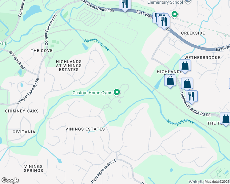 map of restaurants, bars, coffee shops, grocery stores, and more near 458 Vinings Estates Drive Southeast in Mableton