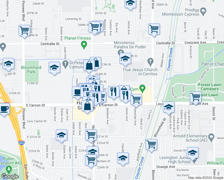 map of restaurants, bars, coffee shops, grocery stores, and more near 21522 Belshire Avenue in Hawaiian Gardens