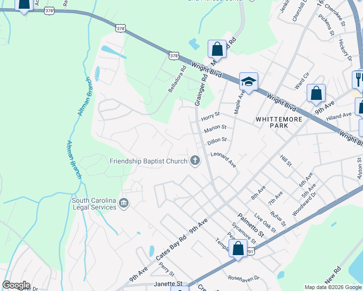 map of restaurants, bars, coffee shops, grocery stores, and more near 1210 Cherry Street in Conway