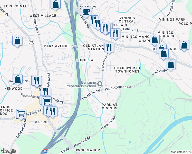 map of restaurants, bars, coffee shops, grocery stores, and more near 5013 Ridgemont Walk in Smyrna