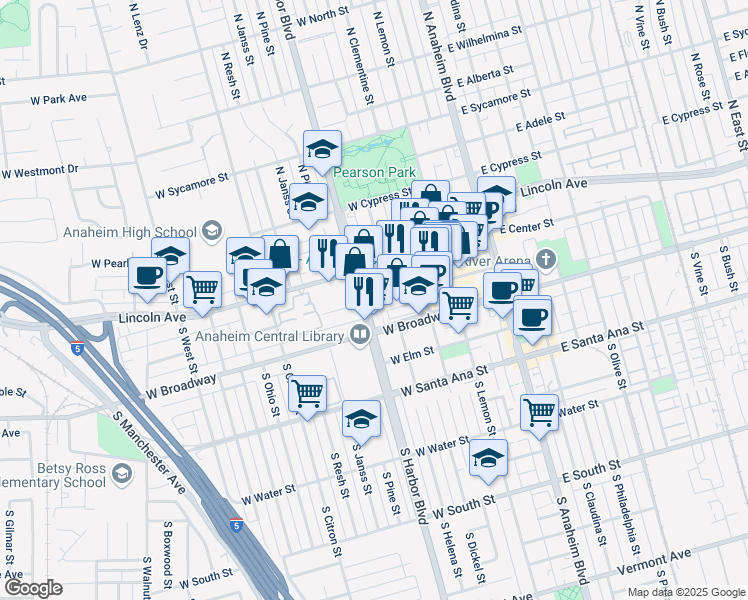 map of restaurants, bars, coffee shops, grocery stores, and more near 435 West Center Street Promenade in Anaheim
