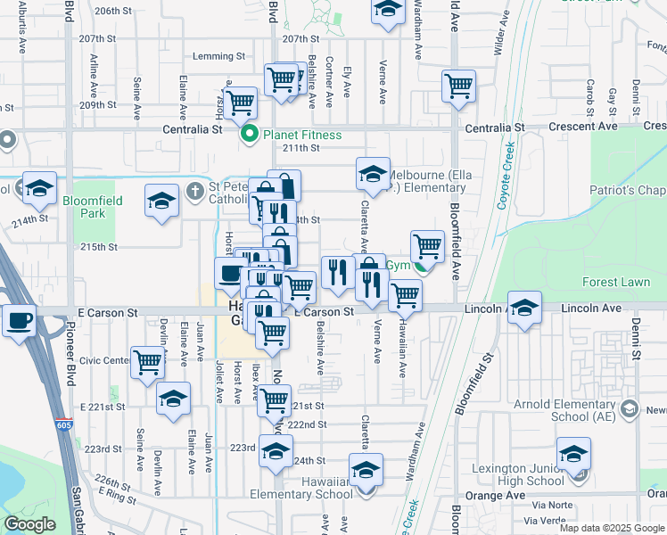map of restaurants, bars, coffee shops, grocery stores, and more near 21522 Belshire Avenue in Hawaiian Gardens
