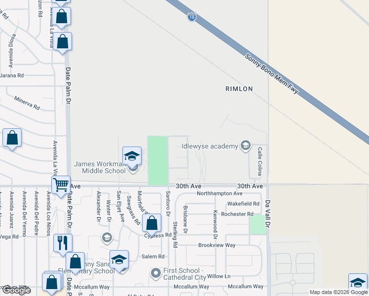 map of restaurants, bars, coffee shops, grocery stores, and more near 69596 Anza Court in Cathedral City