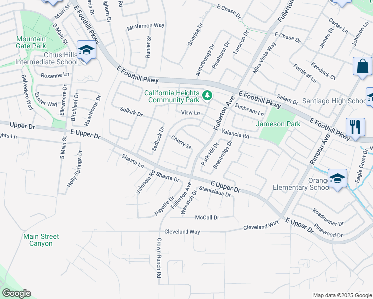 map of restaurants, bars, coffee shops, grocery stores, and more near 718 Cherry Street in Corona