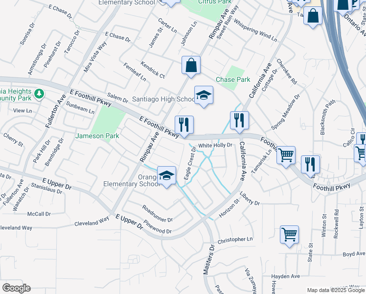 map of restaurants, bars, coffee shops, grocery stores, and more near 3249 Walkenridge Drive in Corona