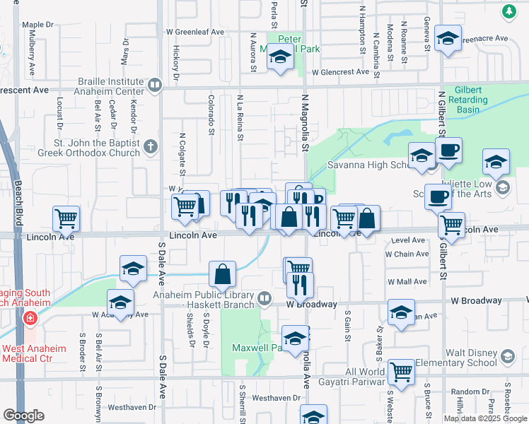 map of restaurants, bars, coffee shops, grocery stores, and more near 2651 Lincoln Avenue in Anaheim
