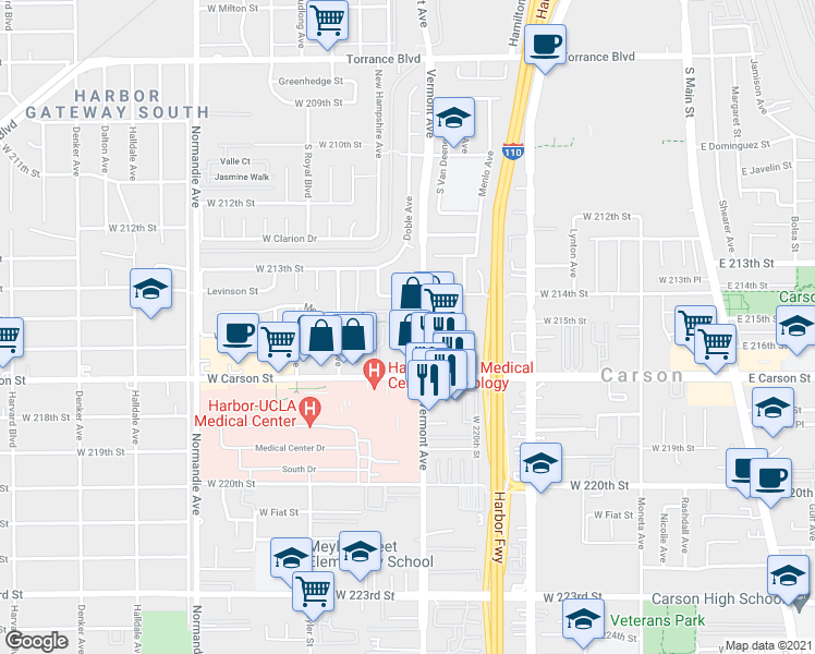 map of restaurants, bars, coffee shops, grocery stores, and more near 21501 South Vermont Avenue in Torrance