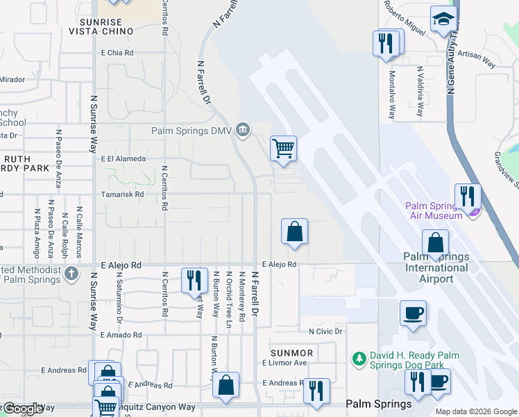 map of restaurants, bars, coffee shops, grocery stores, and more near 623 North Farrell Drive in Palm Springs
