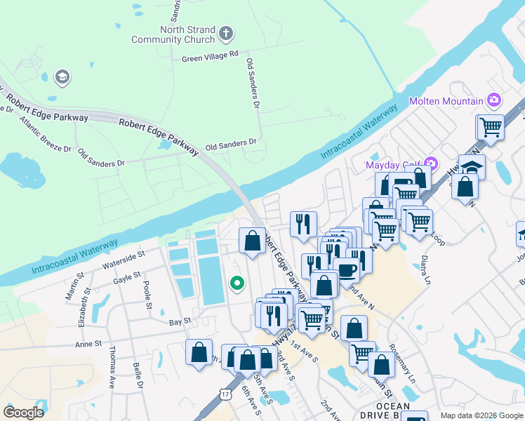 map of restaurants, bars, coffee shops, grocery stores, and more near 120 Riptide Circle in North Myrtle Beach