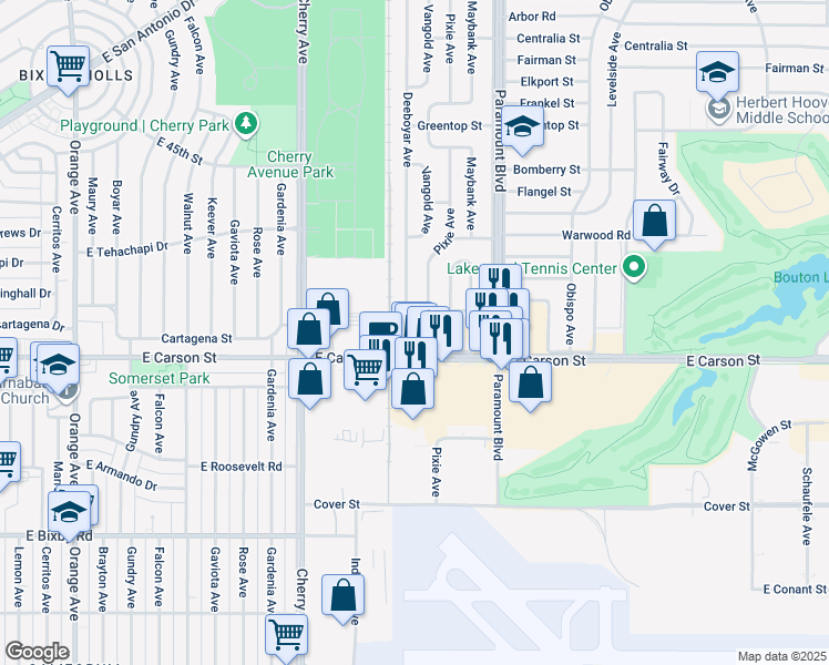 map of restaurants, bars, coffee shops, grocery stores, and more near 4122 Deeboyar Avenue in Lakewood