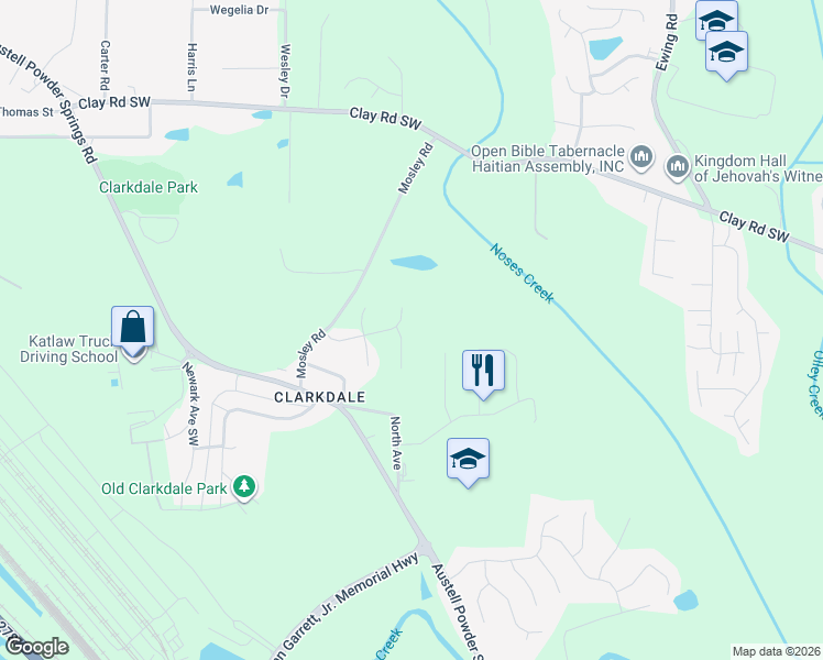 map of restaurants, bars, coffee shops, grocery stores, and more near 4901 Mosley Road in Austell