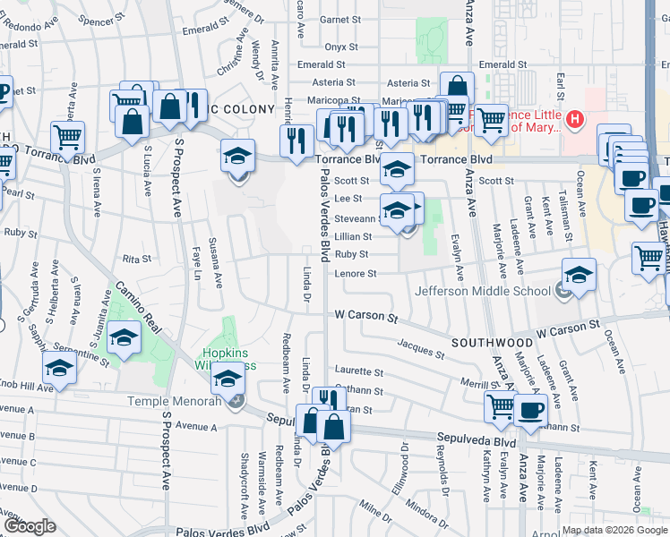 map of restaurants, bars, coffee shops, grocery stores, and more near 5225 Lenore Street in Torrance