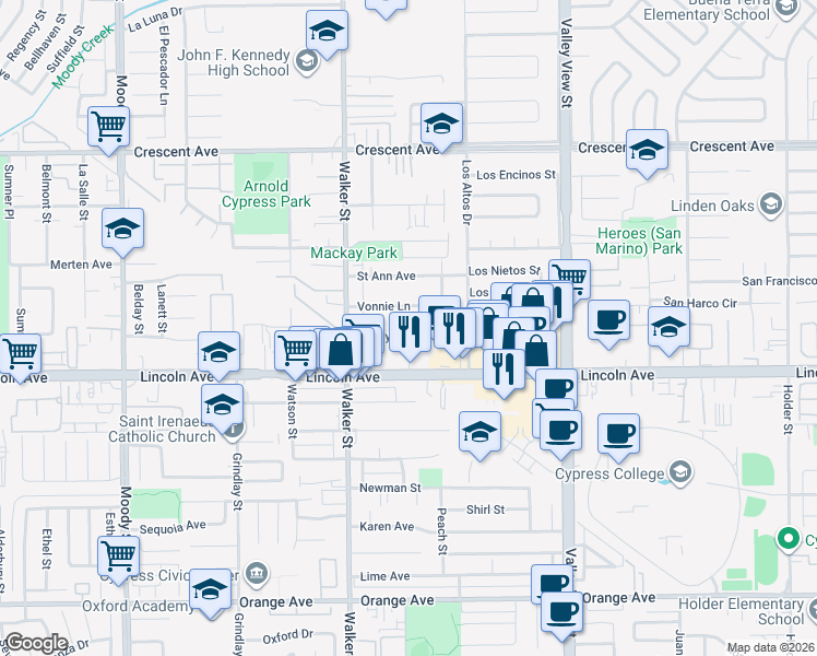 map of restaurants, bars, coffee shops, grocery stores, and more near 5631 Danny Avenue in Cypress