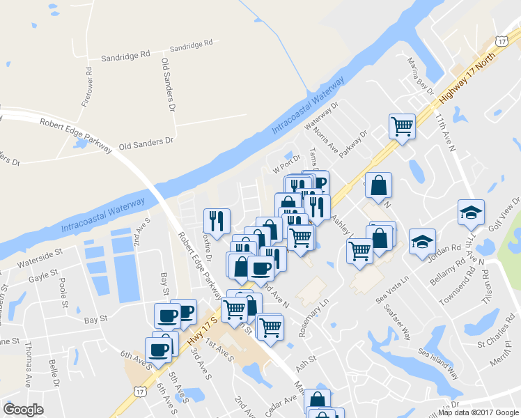 map of restaurants, bars, coffee shops, grocery stores, and more near Lorenzo Drive in North Myrtle Beach