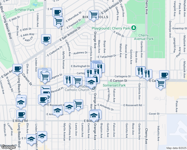 map of restaurants, bars, coffee shops, grocery stores, and more near in Long Beach