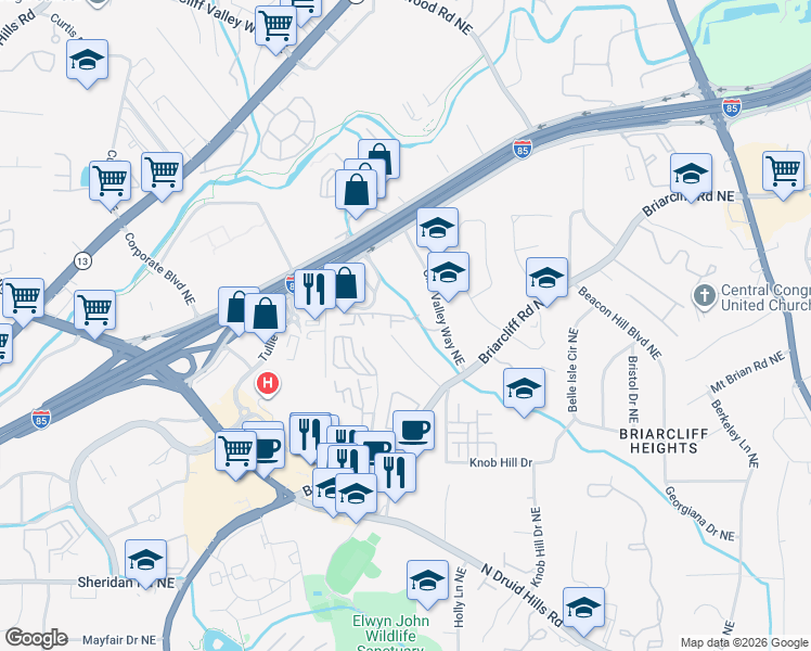 map of restaurants, bars, coffee shops, grocery stores, and more near 1740 Childerlee Lane Northeast in Atlanta
