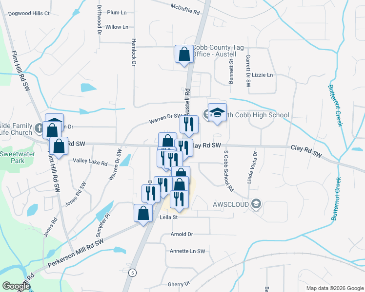 map of restaurants, bars, coffee shops, grocery stores, and more near 4930 Austell Rd in Austell