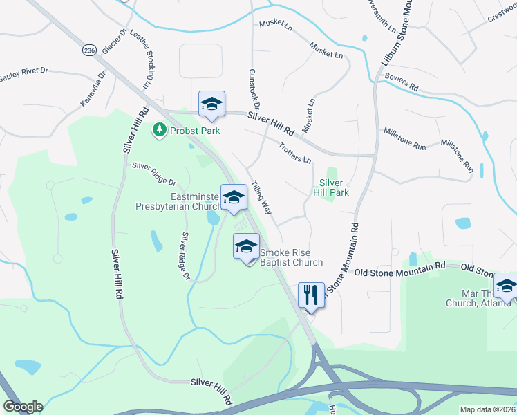 map of restaurants, bars, coffee shops, grocery stores, and more near 1751 Tilling Way in Stone Mountain