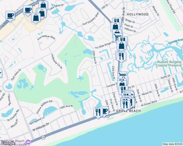 map of restaurants, bars, coffee shops, grocery stores, and more near 28 Chestnut Street in North Myrtle Beach