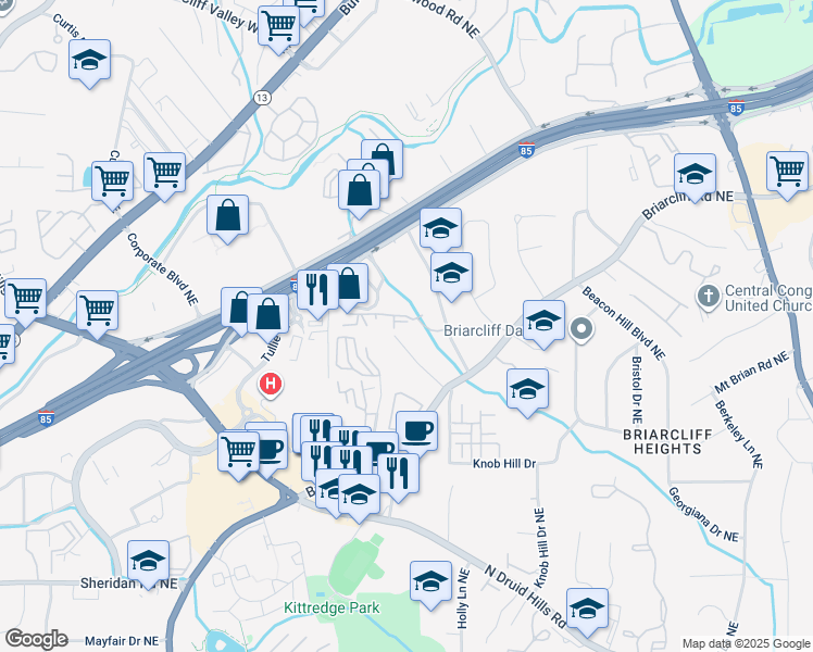 map of restaurants, bars, coffee shops, grocery stores, and more near 2211 Westchester Ridge Northeast in Atlanta