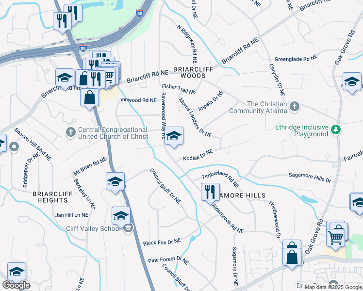 map of restaurants, bars, coffee shops, grocery stores, and more near 1865 Alderbrook Road Northeast in Atlanta