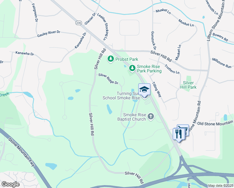 map of restaurants, bars, coffee shops, grocery stores, and more near 5568 Silver Ridge Drive in Stone Mountain