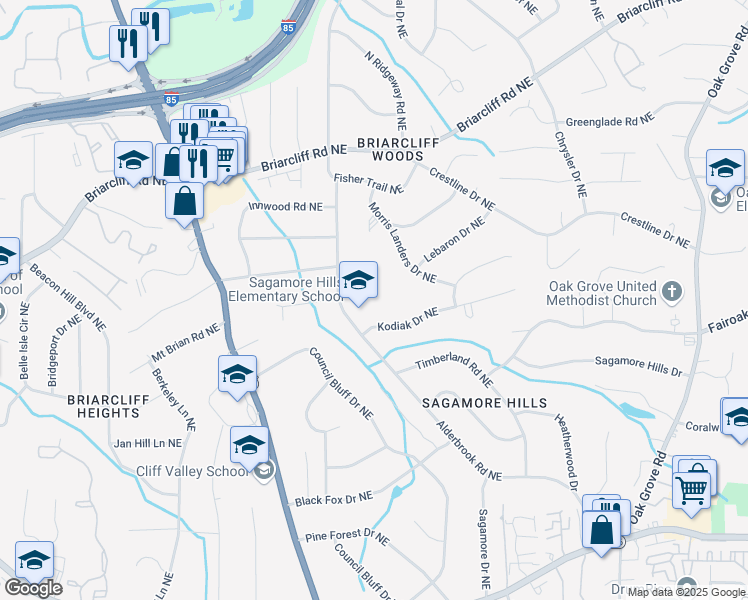 map of restaurants, bars, coffee shops, grocery stores, and more near 1865 Alderbrook Road Northeast in Atlanta