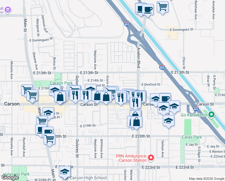 map of restaurants, bars, coffee shops, grocery stores, and more near 517 East Double Street in Carson