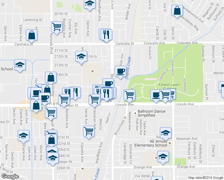 map of restaurants, bars, coffee shops, grocery stores, and more near 21601 Bloomfield Avenue in Hawaiian Gardens