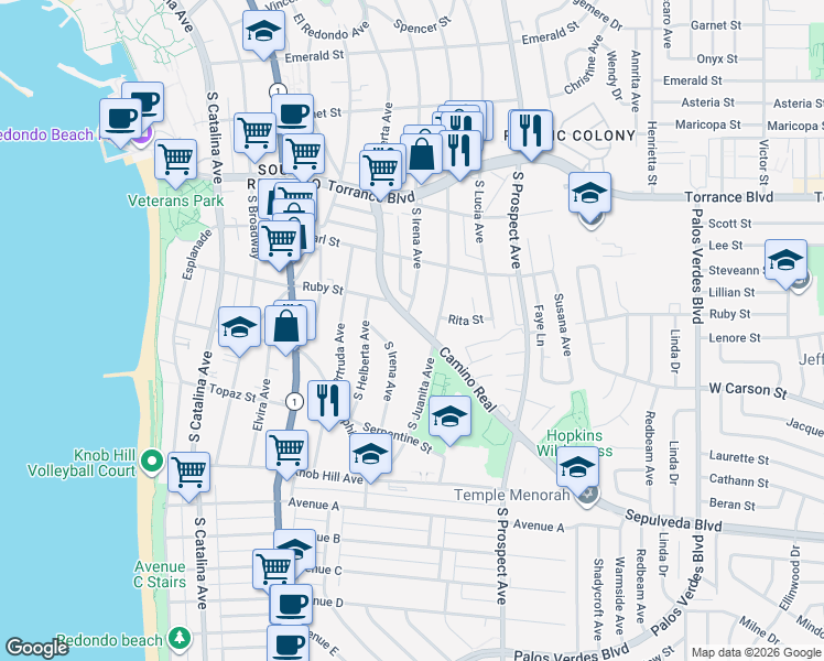 map of restaurants, bars, coffee shops, grocery stores, and more near 526 South Irena Avenue in Redondo Beach