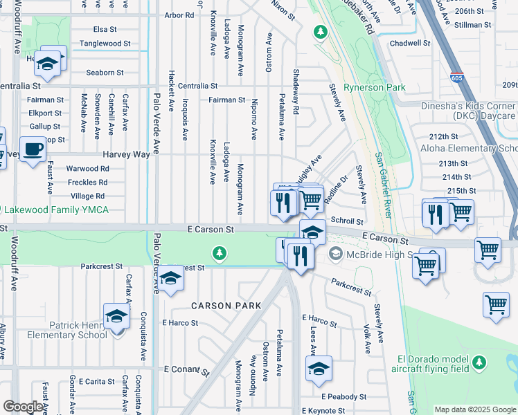 map of restaurants, bars, coffee shops, grocery stores, and more near 4213 Ostrom Avenue in Lakewood