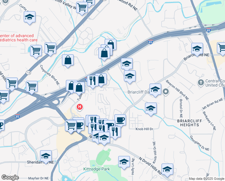 map of restaurants, bars, coffee shops, grocery stores, and more near 1129 Westchester Ridge Northeast in Atlanta