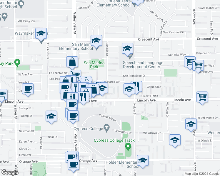 map of restaurants, bars, coffee shops, grocery stores, and more near 36 Lincoln Court in Buena Park