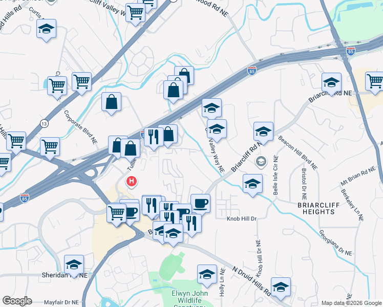 map of restaurants, bars, coffee shops, grocery stores, and more near 1129 Westchester Ridge Northeast in Atlanta