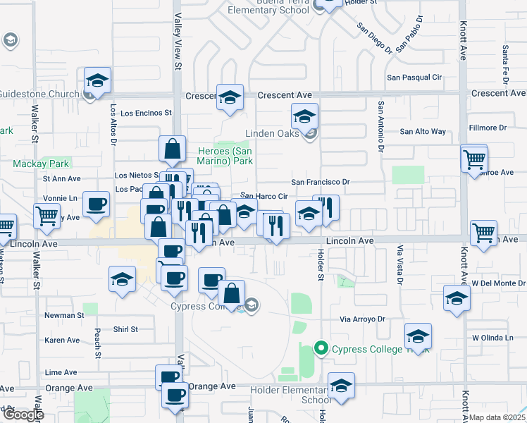 map of restaurants, bars, coffee shops, grocery stores, and more near 36 Lincoln Court in Buena Park