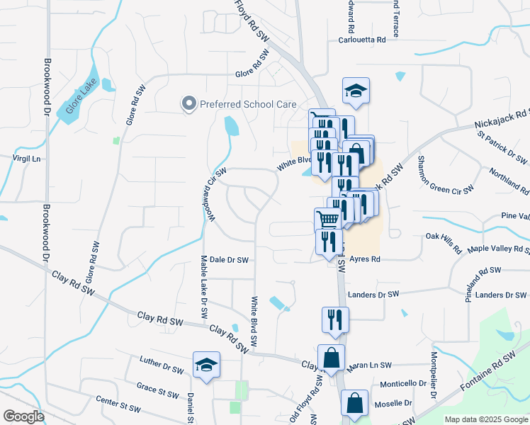map of restaurants, bars, coffee shops, grocery stores, and more near 4949 White Boulevard Southwest in Mableton