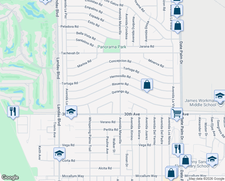 map of restaurants, bars, coffee shops, grocery stores, and more near 68445 Risueno Road in Cathedral City