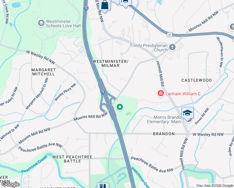 map of restaurants, bars, coffee shops, grocery stores, and more near 1155 Moores Mill Road Northwest in Atlanta