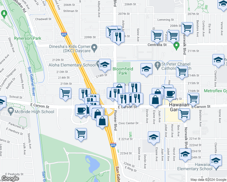 map of restaurants, bars, coffee shops, grocery stores, and more near 21529 Pioneer Boulevard in Lakewood