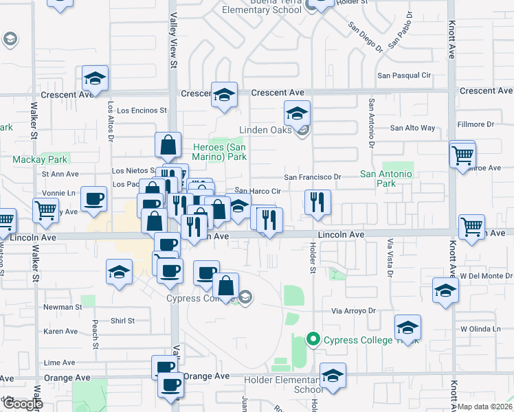 map of restaurants, bars, coffee shops, grocery stores, and more near 36 Lincoln Court in Buena Park