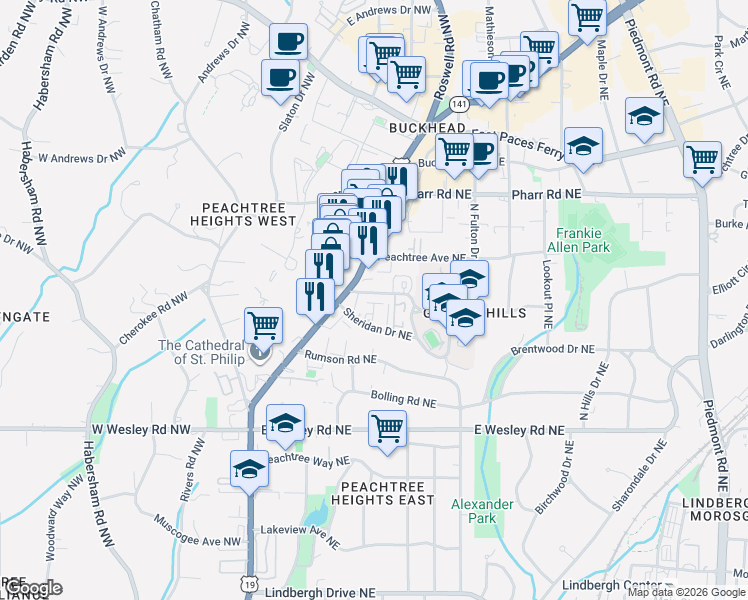 map of restaurants, bars, coffee shops, grocery stores, and more near 58 Sheridan Drive Northeast in Atlanta