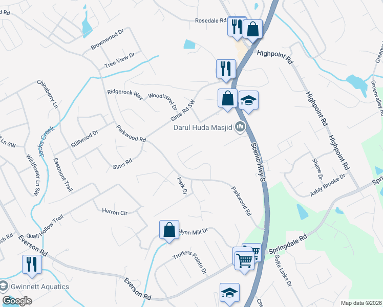map of restaurants, bars, coffee shops, grocery stores, and more near 2720 Rusticwood Drive Southwest in Snellville