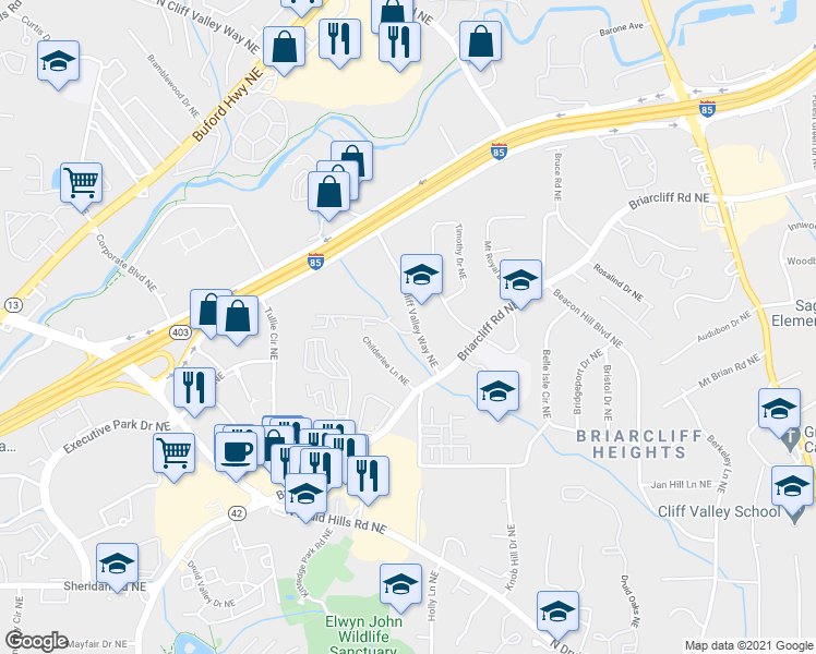 map of restaurants, bars, coffee shops, grocery stores, and more near 1107 Westchester Ridge Northeast in Atlanta