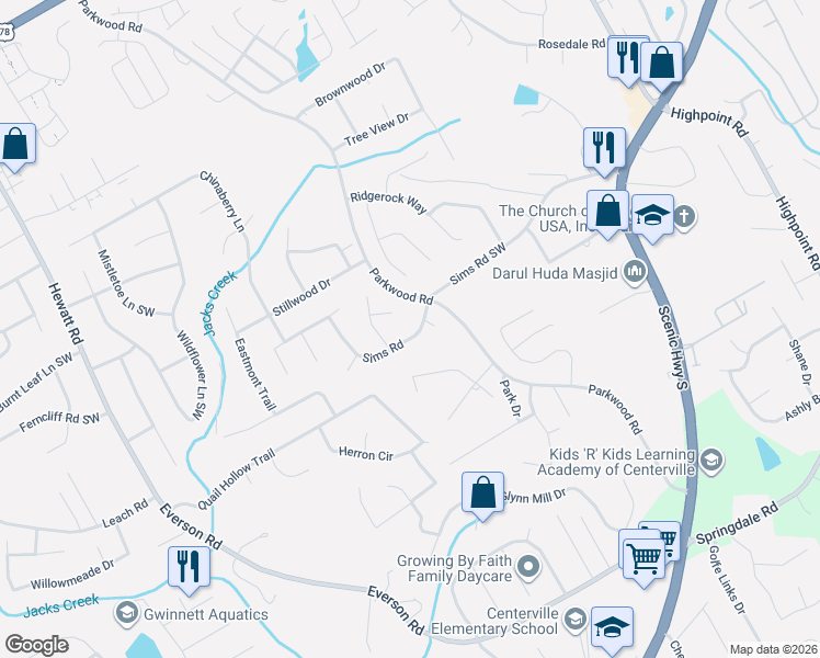 map of restaurants, bars, coffee shops, grocery stores, and more near 3435 Sims Road in Snellville